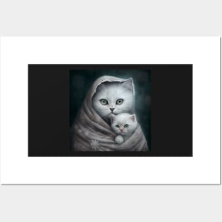 White British Shorthair Mother Cat And Her Kitten Posters and Art